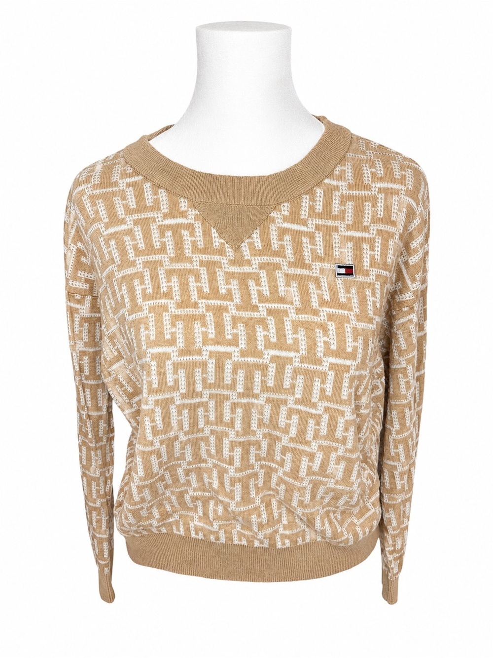 Tommy Hilfiger Tan and White Patterned Crewneck Sweater